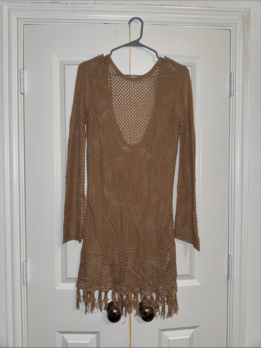 Amazon Brown Crochet Fringe Hooded Tunic
